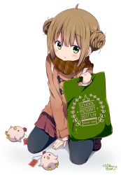 Rule 34 | 1girl, 2017, :3, ahoge, artist name, bag, bird, black pantyhose, blush, brown coat, brown hair, brown scarf, brown skirt, cat, chick, chinese zodiac, coat, copyright name, dated, double bun, duffel coat, green eyes, hair bun, holding, holding bag, kneeling, looking at viewer, ootani nyuu, pantyhose, parted lips, plaid, plaid scarf, pleated skirt, ragho no erika, scarf, signature, simple background, skirt, solo, stuffed animal, stuffed chicken, stuffed toy, sukurizo!, tareme, white background, year of the rooster