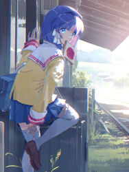 Rule 34 | 1girl, adjusting footwear, akayama yukihe, bag, blazer, blue eyes, blue skirt, blush, bob cut, bread, bread slice, brown footwear, clannad, commentary request, dappled sunlight, day, eyes visible through hair, food, food in mouth, foot out of frame, from side, fujibayashi ryou, hair between eyes, hair intakes, hair ribbon, hand up, highres, hikarizaka private high school uniform, holding, holding bag, jacket, jam, knee up, loafers, looking at viewer, miniskirt, mouth hold, outdoors, pleated skirt, purple hair, railroad tracks, ribbon, sailor collar, school uniform, shoes, short hair, shoulder bag, sidelighting, skirt, solo, standing, standing on one leg, sunlight, thighhighs, toast, toast in mouth, tress ribbon, white ribbon, white sailor collar, white thighhighs, yellow jacket, zettai ryouiki