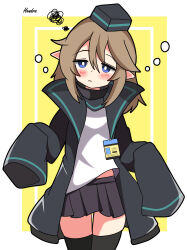 Rule 34 | 1girl, absurdres, arknights, black hat, black jacket, black skirt, black thighhighs, blue eyes, blush stickers, brown hair, closed mouth, commentary request, durin (arknights), hair between eyes, hat, head tilt, hendra, highres, jacket, long sleeves, mini hat, open clothes, open jacket, pleated skirt, pointy ears, shirt, signature, skirt, sleeves past fingers, sleeves past wrists, solo, squiggle, standing, thighhighs, two-tone background, white background, white shirt, yellow background