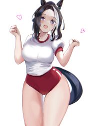 Rule 34 | 1girl, absurdres, animal ears, black hair, blush, breasts, buruma, commentary request, ear ornament, feet out of frame, hair bun, heart, highres, horse ears, horse girl, horse tail, looking at viewer, medium breasts, mejiro ramonu (umamusume), multicolored hair, open mouth, parted bangs, partial commentary, puffy short sleeves, puffy sleeves, purple eyes, red buruma, short hair, short sleeves, simple background, smile, solo, streaked hair, tail, thigh gap, umainu 2002, umamusume, w arms, white background, white hair