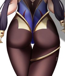 Rule 34 | 1girl, absurdres, ass, ass focus, from behind, genshin impact, hair ornament, head out of frame, highres, huge ass, leotard, long hair, milo791, mona (genshin impact), pantyhose, purple hair, shiny clothes, solo, thighlet, twintails, very long hair