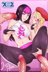 Rule 34 | 2girls, alternate costume, barefoot, beret, bisexual female, grabbing another&#039;s breast, breasts, cammy white, capcom, disembodied penis, feet, footjob, grabbing, grabbing own breast, halterneck, han juri, hat, midriff, multiple boys, multiple girls, navel, no shoes, penis, purple hair, spread pussy under clothes, street fighter, street fighter v, toeless legwear, toes, uncensored, x-t3al