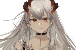 Rule 34 | 1girl, arknights, bare shoulders, black choker, brown eyes, choker, commentary request, earrings, hair between eyes, highres, horns, jewelry, long hair, looking at viewer, miyachi (tanya visha), off shoulder, portrait, saria (arknights), shirt, silver hair, simple background, solo, white background, white shirt