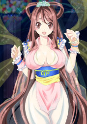 Rule 34 | 1girl, :d, breasts, brown eyes, brown hair, cleavage, dress, earrings, covered erect nipples, frills, jewelry, large breasts, long hair, looking at viewer, moyashi onna, moyasi onna, open mouth, smile, solo, standing, very long hair, wrist cuffs