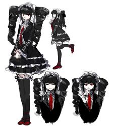 Rule 34 | 1girl, ayame (redluzhong), black hair, bonnet, celestia ludenberg, closed mouth, commentary, danganronpa: trigger happy havoc, danganronpa (series), drill hair, english commentary, gothic lolita, grey background, highres, leg up, lolita fashion, long hair, long sleeves, multiple views, necktie, own hands together, red eyes, red footwear, red necktie, simple background, sketch, standing, thighhighs, twin drills, twintails