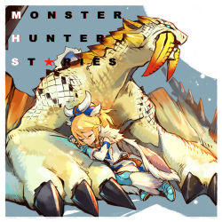 Rule 34 | 10s, 1girl, aqua boots, aqua eyes, aqua gloves, ayuria, barioth, blonde hair, cape, claws, closed eyes, closed mouth, copyright name, detached sleeves, dress, english text, eyebrows, fingerless gloves, fur trim, fuse ryuuta, gloves, hair between eyes, monster hunter (series), monster hunter stories, ponytail, sleeveless, sleeveless dress, star (symbol), swept bangs, tusks