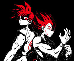 Rule 34 | 2boys, black background, blood, blood on face, dragon ball, dragon ball super, limited palette, looking at viewer, male focus, multiple boys, parted lips, putting on gloves, red eyes, red hair, shumai (sm318), simple background, son goku, spiked hair, spot color, super saiyan, super saiyan god, vegeta