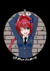 Rule 34 | &gt;;d, 10s, 1girl, ;d, absurdres, ahoge, arms up, blue eyes, braid, brick wall, bullet hole, formal, highres, kurosaki mea, looking at viewer, murio, necktie, one eye closed, open mouth, red hair, smile, solo, suit, to love-ru, to love-ru darkness, twitter username, v-shaped eyebrows
