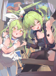 Rule 34 | 2girls, absurdres, apron, bare shoulders, blue archive, blush, breasts, collar, covered erect nipples, detached sleeves, frilled collar, frills, green hair, halo, highres, hikari (blue archive), long hair, looking at viewer, maid headdress, multiple girls, nozomi (blue archive), open mouth, pasties, pointy ears, sidelocks, small breasts, smile, thighhighs, very long hair, villainchin, wrist cuffs, yellow eyes
