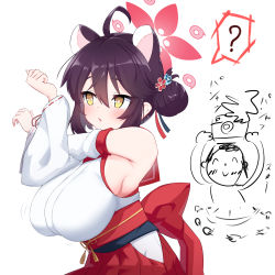 Rule 34 | 1girl, ?, ? (spsp2323), absurdres, ahoge, animal ears, blue archive, breasts, brown hair, detached sleeves, fang, flower, geta, hair bun, hair flower, hair ornament, highres, japanese clothes, kaede (blue archive), kimono, large breasts, obi, oppai loli, red sailor collar, red skirt, ribbon-trimmed sleeves, ribbon trim, sailor collar, sash, sensei (blue archive), single side bun, skin fang, skirt, sleeveless, sleeveless kimono, white kimono, wide sleeves, yellow eyes