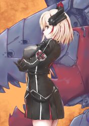 Rule 34 | 1girl, azur lane, black jacket, black skirt, blonde hair, breast hold, breasts, brown eyes, buttons, closed mouth, commentary request, covered erect nipples, cropped jacket, cross, from side, headgear, highres, iron cross, jacket, large breasts, long sleeves, looking at viewer, looking to the side, machinery, miniskirt, multicolored clothes, multicolored hair, multicolored skirt, p.i.t.d, pleated skirt, red hair, roon (azur lane), short hair, skirt, smile, solo, standing