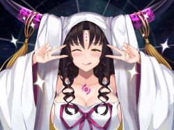 Rule 34 | 1girl, bare shoulders, black hair, blush, breasts, chest tattoo, cleavage, closed mouth, collarbone, double v, dress, emotional engine - full drive, facial mark, fate/extra, fate/extra ccc, fate/grand order, fate (series), forehead mark, hands up, highres, horn ornament, horn ring, horns, large breasts, long hair, long sleeves, looking at viewer, maru (maru1625), one eye closed, parody, revealing clothes, sessyoin kiara, smile, solo, sparkle, tattoo, v, veil, wavy hair, white dress, wide sleeves, yellow eyes