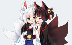 Rule 34 | 2girls, absurdres, aged down, akagi-chan (azur lane), akagi (azur lane), animal ear fluff, animal ears, azur lane, bell, black hair, black kimono, blue skirt, blush, commentary request, fang, fox ears, fox girl, fox tail, grey background, hair bell, hair ornament, hairclip, hand under clothes, heavy breathing, highres, ikazu401, japanese clothes, jingle bell, kaga (azur lane), kimono, long sleeves, multiple girls, nose blush, parted lips, pleated skirt, red eyes, romaji commentary, short hair, sidelocks, silver hair, simple background, skirt, smile, tail, twintails, wavy mouth, white kimono, wide sleeves, yuri
