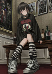 Rule 34 | 1girl, absurdres, alcohol, artist self-reference, band shirt, belt collar, bench, black footwear, black nails, black skirt, blush, closed mouth, collar, earrings, fingernails, goth fashion, gothic fashion, highres, indoors, jewelry, knees together feet apart, kreator, leg warmers, long sleeves, looking at viewer, medium hair, merchandise, miniskirt, nadegata, nail polish, original, photo (object), pigeon-toed, plaid, plaid skirt, pleated skirt, shoes, sitting, skirt, sneakers, solo, spiked collar, spiked shoes, spikes, striped leg warmers, whiskey, yellow eyes