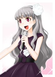 Rule 34 | 1girl, dress, flower, hair flower, hair ornament, idolmaster, idolmaster (classic), jewelry, microphone, necklace, open mouth, shijou takane, smile, solo, sugar (sugarless)