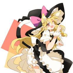 Rule 34 | 1girl, ;d, animal ear fluff, animal ears, apron, bell, black hat, black skirt, black vest, blonde hair, bloomers, blush, bow, braid, brown eyes, cat ears, cat tail, commentary request, fang, frilled apron, frilled skirt, frills, hat, hat bow, hat ribbon, highres, ichimura kanata, jingle bell, kemonomimi mode, kirisame marisa, long hair, looking at viewer, one eye closed, open mouth, paw pose, pink bow, puffy short sleeves, puffy sleeves, ribbon, shirt, short sleeves, single braid, skirt, smile, solo, standing, tail, touhou, underwear, upper body, vest, white apron, white shirt, witch hat