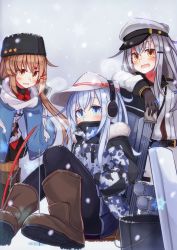 Rule 34 | 3girls, black gloves, black headwear, black legwear, black skirt, blue shawl, blue skirt, blush, boots, breasts, breath, brown footwear, brown hair, bucket, camouflage, camouflage jacket, coat, earmuffs, fang, fishing, fishing rod, flat cap, fur hat, fur trim, gangut (kancolle), gloves, grey hair, hair ornament, hairclip, hammer and sickle, hands in pockets, hat, hibiki (kancolle), highres, jacket, kantai collection, long hair, long sleeves, low twintails, multiple girls, open mouth, pantyhose, papakha, pleated skirt, reitou mikan, rigging, scar, scarf, shawl, skin fang, skirt, snow, snowing, star (symbol), tashkent (kancolle), torn clothes, torn scarf, twintails, verniy (kancolle), white headwear, white scarf