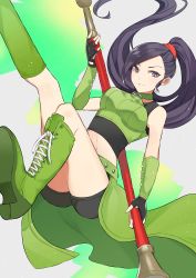 Rule 34 | 1girl, absurdres, arm guards, bare shoulders, belt, bike shorts, black gloves, black hair, black shorts, black tank top, boots, breasts, choker, commentary request, cross-laced footwear, dragon quest, dragon quest xi, fingerless gloves, floating hair, foot out of frame, gloves, green background, green belt, green choker, green footwear, green shirt, green skirt, grey background, hair ornament, hair scrunchie, high ponytail, highres, holding, holding staff, holding weapon, knee boots, lace-up boots, leg up, long hair, looking at viewer, martina (dq11), midriff, navel, o-ring, o-ring choker, o-ring top, parted lips, ponytail, purple eyes, red scrunchie, rin (yukameiko), scrunchie, shirt, shorts, skirt, sleeveless, sleeveless shirt, smile, solo, staff, tank top, two-tone background, weapon