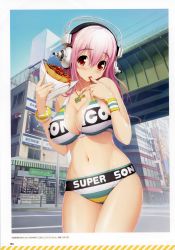 Rule 34 | 1girl, absurdres, akihabara (tokyo), bare shoulders, bikini, blush, bracelet, breasts, cameltoe, character name, cleavage, clothes writing, day, eating, finger to mouth, food, groin, headphones, highres, holding, jewelry, large breasts, long hair, looking at viewer, navel, necklace, nitroplus, page number, print bikini, real world location, red eyes, road, scan, shop, sideboob, sky, solo, street, super sonico, sweat, swimsuit, tokyo (city), tsuji santa