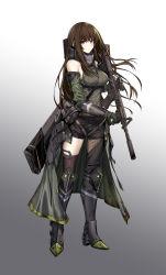 Rule 34 | 1girl, absurdres, assault rifle, bare shoulders, black eyes, black hair, boots, breasts, commentary, full body, girls&#039; frontline, gloves, green hair, gun, highres, holding, holding gun, holding weapon, long hair, looking at viewer, m4 carbine, m4a1 (girls&#039; frontline), m4a1 (mod3) (girls&#039; frontline), medium breasts, mod3 (girls&#039; frontline), multicolored hair, onceskylark, rifle, solo, standing, thighhighs, weapon