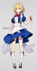 Rule 34 | 1girl, apron, blonde hair, blood, blood on hands, blue bow, bow, bowtie, character name, closed mouth, expressionless, full body, grey background, hair ornament, hand on own hip, highres, kneehighs, looking at viewer, maid, maid headdress, mugetsu (touhou), puffy short sleeves, puffy sleeves, razuzyamu, red bow, red bowtie, ribbon, shoes, short hair, short sleeves, simple background, socks, solo, touhou, touhou (pc-98), twitter username, yellow eyes