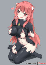 Rule 34 | 1girl, absurdres, animal ears, arms behind back, biosuit, blush, breasts, cat ears, catstudioinc (punepuni), commentary, drooling, fang, grey background, hair between eyes, heart, heavy breathing, highres, kneeling, large breasts, living clothes, long hair, looking at viewer, navel, open mouth, original, patreon username, puni (miku plus), red eyes, red hair, slime (substance), solo, swimsuit, tentacle clothes, tentacles