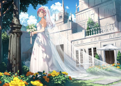 Rule 34 | 1girl, :o, blue sky, blush, bouquet, bridal veil, brown eyes, brown hair, building, cathedral, cloud, day, dress, flower, highres, holding, holding bouquet, kantoku, looking at viewer, looking to the side, mountain, original, outdoors, rose, sidelocks, sky, solo, standing, tree, umbrella, veil, wedding dress, white dress, white flower, white rose, window