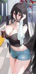 1girl absurdres black_hair black_wings blue_archive blush breast_press breasts cleavage cowboy_shot cup denim denim_shorts drinking_straw halo hand_on_own_face hasumi_(blue_archive) highres holding holding_cup huge_breasts iced_coffee jeans lillly long_hair mechanical_halo midriff navel open_mouth outdoors pants red_eyes torn_jeans road road_sign shorts sign smile solo stomach street thighs torn_clothes torn_shorts very_long_hair wings wireless_earphones