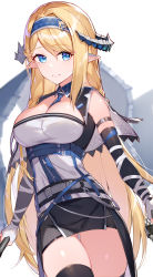 Rule 34 | 1girl, absurdres, arknights, arm strap, bad id, bad pixiv id, bare shoulders, belt, between breasts, black skirt, blonde hair, blue eyes, blue hairband, blue necktie, breasts, cleavage, commentary, cowboy shot, elbow gloves, gloves, gluteal fold, hair between eyes, hairband, highres, horns, large breasts, long hair, looking at viewer, necktie, necktie between breasts, pointy ears, revision, rikoma, saileach (arknights), simple background, skirt, smile, solo, standing, thighhighs, thighs, white background