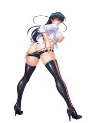 Rule 34 | 1girl, aqua eyes, ass, bare shoulders, blue hair, blush, boots, breasts, butt crack, covered erect nipples, curvy, dress shirt, female focus, full body, high heels, higher resolution available, highres, igawa asagi, kagami hirotaka, large breasts, lilith-soft, lipstick, long hair, looking at viewer, looking back, makeup, naughty face, nipples, no bra, panties, parted lips, pussy juice, shiny clothes, shiny skin, shirt, short shorts, shorts, smile, solo, taimanin (series), taimanin asagi, taimanin rpgx, thigh boots, thighhighs, thighs, thong, tied shirt, underwear, whale tail (clothing), wide hips
