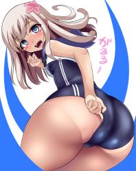 Rule 34 | 10s, 1girl, adjusting clothes, adjusting swimsuit, ass, blue eyes, blush, breasts, covered navel, crop top, dark, flower, hair flower, hair ornament, huge ass, kantai collection, long hair, looking at viewer, looking back, one-piece swimsuit, one-piece tan, platinum blonde hair, ro-500 (kancolle), sailor collar, school swimsuit, shiny clothes, shiny skin, small breasts, smile, solo, swimsuit, tan, tanline, thick thighs, thighs, yottin