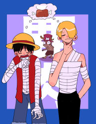 Rule 34 | bandaged arm, bandages, drooling, closed eyes, food, hands up, hat, highres, hungry, meat, monkey d. luffy, one piece, onohi, open clothes, open shirt, reindeer, saliva, sanji (one piece), scared, straw hat, thinking, thought bubble, tony tony chopper