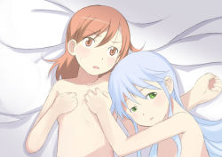 Rule 34 | 00s, 2girls, bad id, bad pixiv id, bare shoulders, bed, blue hair, blush, grabbing another&#039;s breast, breasts, brown eyes, brown hair, completely nude, enoki p, female focus, flat chest, from above, grabbing, green eyes, hug, index (toaru majutsu no index), long hair, lying, misaka mikoto, multiple girls, nude, on back, open mouth, short hair, small breasts, sweat, toaru kagaku no railgun, toaru majutsu no index, topless, yuri