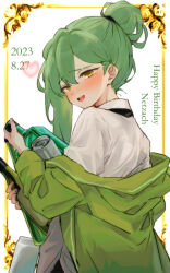 Rule 34 | 1boy, absinthe, blush, bottle, can, coat, dated, enkephalin (project moon), folded ponytail, green coat, green hair, happy birthday, highres, library of ruina, long hair, long sleeves, netzach (project moon), open mouth, project moon, shirt, smile, soju, solo, white shirt, wine bottle, y0ru73, yellow eyes