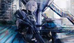Rule 34 | 1girl, arm up, black bodysuit, black thighhighs, bodysuit, breasts, closed mouth, drum magazine, feet out of frame, girls&#039; frontline, gun, hair ornament, hairclip, highres, holding, holding gun, holding weapon, light machine gun, looking at viewer, machine gun, magazine (weapon), purple eyes, rpk, rpk-16, rpk-16 (girls&#039; frontline), scenery, short hair, silver hair, sitting, smile, solo, sushiwa, tactical clothes, thighhighs, weapon