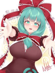 Rule 34 | 1girl, :d, absurdres, bow, breasts, cross-laced clothes, dated, frilled bow, frilled ribbon, frills, front ponytail, green eyes, green hair, hair bow, hair ribbon, highres, kagiyama hina, large breasts, natch imaycz, open mouth, outstretched arms, red bow, red ribbon, ribbon, short hair, signature, smile, solo, spanish commentary, touhou, white background