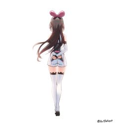 Rule 34 | 1girl, absurdres, arms behind back, artist name, artpatient, ass, boots, bow, brown hair, detached sleeves, from behind, hair bow, highres, kizuna ai, kizuna ai inc., long hair, pink bow, shorts, solo, thigh boots, twitter username, virtual youtuber, white background, white legwear, white shorts
