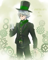 Rule 34 | 1boy, coffee mug, color connection, commentary request, cup, english text, gears, glasses, grey hair, hat, iesupa, male focus, mug, name connection, one-hour drawing challenge, professor ozpin, rwby, the wizard of oz, top hat