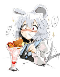 Rule 34 | 1girl, animal ears, bad id, bad pixiv id, between legs, blush, cream, cream on face, eating, food, food on face, foodgasm, grey hair, harusame (unmei no ikasumi), mouse ears, mouse tail, nazrin, parfait, red eyes, ribbon, solo, sparkle, tail, tail between legs, tail ornament, tail ribbon, tail wagging, touhou