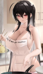 Rule 34 | 1girl, :q, apron, azur lane, bare arms, bare shoulders, black hair, blurry, blurry background, blush, breasts, chopsticks, cleavage, closed mouth, collarbone, commentary, crossed bangs, english text, fouriasensei, hair between eyes, highres, holding, holding chopsticks, indoors, jewelry, large breasts, long hair, looking at viewer, manjuu (azur lane), naked apron, red eyes, ring, side ponytail, smile, solo, symbol-only commentary, taihou (azur lane), tongue, tongue out