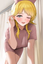 Rule 34 | 1girl, ;d, alternate costume, blonde hair, blush, breasts, commentary, dress, hachimiya meguru, hat, heart, heart-shaped pupils, highres, idolmaster, idolmaster shiny colors, indoors, infirmary, looking at viewer, medium breasts, nurse, nurse cap, one eye closed, open mouth, pdal (pdalhhh), pink dress, short sleeves, smile, solo, sweat, symbol-shaped pupils, tucking hair