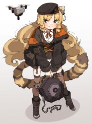 Rule 34 | 1girl, amonitto, animal ears, arknights, black coat, black footwear, black hat, black jacket, black skirt, blonde hair, blush, boots, bow, bowtie, brown thighhighs, chain, closed mouth, coat, collared shirt, drone, full body, gradient background, hat, high heel boots, high heels, holding, holding chain, jacket, leaning forward, long hair, long sleeves, looking at viewer, miniskirt, off shoulder, pouch, shirt, skirt, smile, solo, split mouth, standing, swire (arknights), tail, thighhighs, very long hair, white shirt