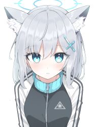 Rule 34 | 1girl, animal ear fluff, animal ears, blue archive, blue eyes, blue halo, blush, breasts, cross hair ornament, grey hair, hair ornament, halo, jacket, long sleeves, looking at viewer, medium breasts, medium hair, open mouth, preste, shiroko (blue archive), simple background, solo, white background, wolf ears