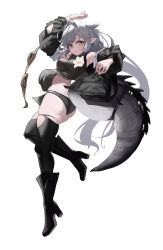 Rule 34 | 1girl, absurdres, ahoge, arknights, arm up, ass, bare shoulders, black footwear, black panties, black thighhighs, boots, breasts, commentary request, crocodilian tail, flower, full body, high heel boots, high heels, highres, l.j., large tail, long sleeves, medium breasts, panties, pointy ears, short hair, silver hair, simple background, solo, tail, thighhighs, thighs, tomimi (arknights), underwear, white background, white flower, yellow eyes