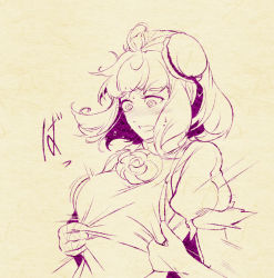 Rule 34 | 1girl, @ @, adjusting clothes, bandages, bandaged arm, bandages, blush, bun cover, chinese clothes, double bun, embarrassed, flower, hair bun, hi you (flying bear), ibaraki kasen, looking down, monochrome, motion lines, nose blush, open mouth, puffy short sleeves, puffy sleeves, rose, short hair, short sleeves, solo, sweat, tabard, touhou, upper body