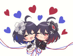 Rule 34 | 2girls, ;&lt;, ^ ^, ahoge, bare shoulders, black dress, black gloves, black hair, blue hair, blush stickers, chibi, closed eyes, closed mouth, commentary request, cropped torso, dress, elbow gloves, gloves, hair between eyes, heart, heart background, holding hands, honkai (series), honkai impact 3rd, multicolored hair, multiple girls, red eyes, red hair, seele (alter ego), seele vollerei, seele vollerei (stygian nymph), simple background, soha ez, two-tone hair, upper body, v-shaped eyebrows, white background, white dress, white gloves