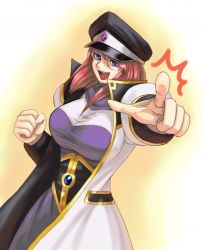 Rule 34 | 00s, 1girl, :d, ^^^, blue eyes, breasts, brooch, clenched hand, coat, forte stollen, galaxy angel, gradient background, hat, jewelry, large breasts, military, military uniform, monocle, open clothes, open mouth, peaked cap, pointing, pointing at viewer, red hair, short hair, smile, solo, standing, trench coat, uniform