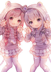 Rule 34 | 2girls, :d, animal ears, animal hood, animal print, backlighting, braid, brown hair, chinese zodiac, chitosezaka suzu, claw pose, drawstring, fake animal ears, feet out of frame, grey hair, grey hoodie, hair over shoulder, hands up, hood, hood up, hoodie, knees together feet apart, long hair, long sleeves, looking at viewer, low twintails, multiple girls, open mouth, original, pom pom (clothes), print hoodie, purple eyes, red eyes, simple background, smile, tail, thighhighs, tiger ears, tiger hood, tiger print, tiger tail, twin braids, twintails, very long hair, white background, white legwear, year of the tiger