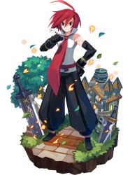 Rule 34 | 1boy, adell (disgaea), ahoge, alpha transparency, black eyes, black gloves, disgaea, faux figurine, full body, gloves, hand on own hip, harada takehito, leaf, makai wars, male focus, necktie, official art, red hair, short hair, smile, solo, standing, sword, transparent background, tree, weapon