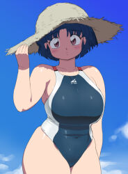 Rule 34 | 1girl, blue hair, blue sky, blush, breasts, cloud, cloudy sky, hat, highres, large breasts, looking at viewer, mage (harumagedon), plump, ranma 1/2, shadow, short hair, sky, solo, tendou akane, thick thighs, thighs, wide hips